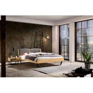 Hasena Massivholzbett, Kopfteil gepolstert Marola, Farbe: Eiche bright, geölt, Bezugsfarbe: Kul smoke, Metallfarbe: Anthracit, verschiedene Größen - 160 x 200 cm/25 cm