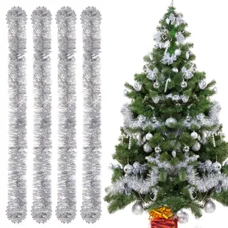 Weihnachtsgirlanden, 4pcs Lametta Weihnachtsbaum, 3m Girlande, Weihnachtsdeko für Weihnachtsbaum Weihnachtsfeier Geburtstagsparty Dekoration (Silber)