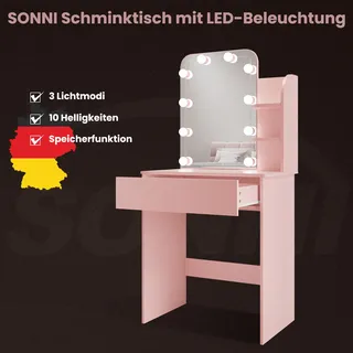 SONNI 70x40x140cm Pink Schminktisch mit Kommode mit einstellbare Helligkeit dreifarbigem Glühbirnen Spiegel kompakte Kommode Schminktische - Rosa