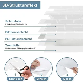 Izrielar Fliesenaufkleber 30,5x30,5cm Fliesen-Folie 10 Stück Deko selbstklebende Klebefliesen Weiß für Küche Bad Wohnzimmer Zimmer - Weiß