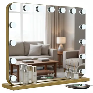 Clevich Hollywood Schminktischspiegel mit Beleuchtung, Schminktisch Spiegel Mit 15 LED und 3 Lichtfarben, Kosmetikspiegel mit Touch-Steuerung, USB-Ausgang und 10-facher Lupe, 50 x 40cm Gold