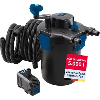 T.I.P. Teichdruckfilter-Set TFP 5000 UV 9 - Komplettset mit Pumpe, UV-C Strahler, 9W, Rückspülfunktion, Filtermaterial, 5000L Kapazität, 1500 l/h Fördermenge, Schläuche inklusive, 30297