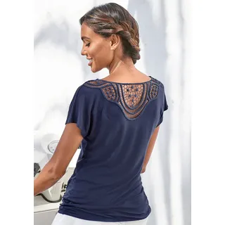 Kurzarmshirt VIVANCE "mit sommerlicher Häkelspitze am Rücken", Damen, Gr. 36/38, blau (navy), Single Jersey, Obermaterial: 95% Viskose (LENZINGTM ECOVEROTM), 5% Elasthan. Spitze: 100% Baumwolle, unifarben, lässig geschnitten normal, Rundhals, angeschnitten, Shirts Kurzarmshirt, aus luftigem Viskose-Stretch, Topseller