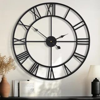 HAITANG 80cm große Wanduhr, übergroß modernes rundes, schwarz Metall geräuschlos, Fast Nicht tickend Batteriebetrieben, römische Ziffern, Uhren für Wohnzimmer, Schlafzimmer, Küchen Wanduhr Dekoration