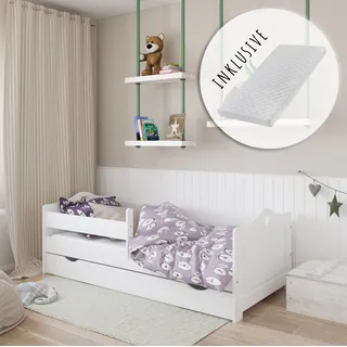 Kinderbett 80x160 80x180 90x200 Holz mit Matratze, Rausfallschutz, Schublade & Lattenrost in weiß 180 x 80 Mädchen Bett Skandi Herz - Weiß