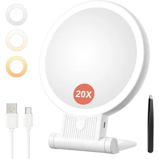 Auxmir Wiederaufladbar Kosmetikspiegel mit LED Beleuchtung, 20X/1X Doppelseitiger Vergrößerungsspiegel, Dimmbarer Tischspiegel mit 3 Farblichtern, 2000mAh Faltbarer Schminkspiegel für Kosmetik Reise