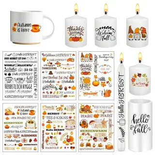 Bubaxuce 6 Stück Wasserschiebefolien Kerzen, Kerzen Tattoo Mit Herbstmotiven, Herbst Kerzenaufkleber, Herbstdeko für Kerzengestaltung, Tischdekoration Zum Erntedankfest und DIY