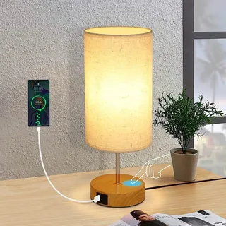 ZMH Tischlampe Nachttischlampe USB Ladefunktion Vintage Tischleuchte Touch Dimmbar E27 Aufladbar Nachtlicht  Warmweiß Licht mit Stoff Lampenschirm - Braun