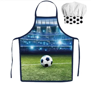 damaloo Fußball Kinder Kochschürze Jungen 3 bis 8 Jahre – Kinderkochschürze mit Mütze - Backschürze mit verstellbarer Kinder Kochmütze - Kinderkochschürzen Set - Koch Kostüm Schürze