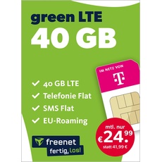 freenet green LTE 40 GB – Handyvertrag 24 Monate im Telekom Netz mit Internet Flat, Flat Telefonie und EU-Roaming – Aktivierungscode per E-Mail