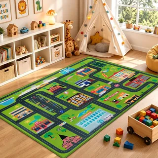 Capslpad Spielteppich Kinder Straße 120x160 cm Waschbar Kinderteppich Kinderzimmer Teppiche SPielmatte Teppich Krabbelmatte Baby für Kleinkind Junge Mädchen Schlafzimmer Spielzimmer Babyzimmer, Grün