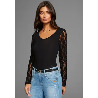 Langarmbody LAURA SCOTT, Damen, Gr. 46, N-Gr, schwarz, Jersey, Obermaterial: 95% Viskose, 5% Elasthan. Spitze: 95% Polyester, 5% Elasthan, geblümt, unifarben, sehr figurbetont, Rundhals, abgesteppte Kante, Bodys Langarmbody, mit edlen Spitzenärmeln, Topseller