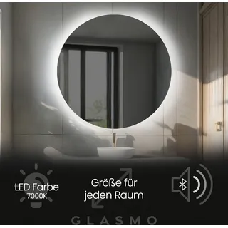 Badspiegel mit Beleuchtung 60 cm Elsie - Rund Spiegel mit LED Beleuchtung - Kaltweiß 7000K - Badezimmerspiegel Lichtspiegel mit Bluetooth-Lautsprecher - Transparent