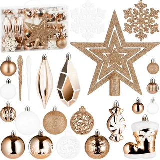 Brubaker 128-tlg. Christbaumschmuck - XXL Weihnachtskugel Set - Eiszapfen, Diamant Anhänger, Bonbon, Nikolaus Stiefel, Baumspitze Stern Champagner
