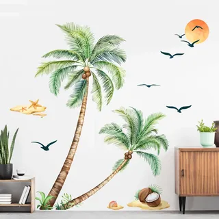 Supzone Wandtattoo Palme Groß Wandaufkleber Tropische Pflanze Sonnenuntergang Wandsticker für Wohnzimmer Schlafzimmer Badezimmer Büro Sofa TV Hintergrund Wanddeko