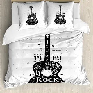 ABAKUHAUS Gitarre Bettbezug, Grunge-Look Rock 'n' Roll, Milbensicher Allergiker geeignet mit Kissenbezügen, 155 cm x 220 cm - 80 x 80 cm, Schwarz-Weiss - Schwarz