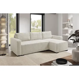 LIKMA Cremme Ecksofa Cord Tilia 232x145 cm mit Schlaffunktion (200x140 cm) Eckcouch mit Bettkasten Wohnlandschaft mit Bettkasten Cord Bettsofa mit Stauraum Polstermöbel Sofa 3 Sitzer - Beige