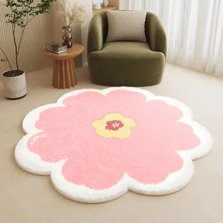 AIMECO Kleiner Kinderteppich Rund 100CM Rosa Blumen - Weicher Kuscheliger Teppich für Kinderzimmer Mädchen Schlafzimmer, Dünn & Pflegeleicht