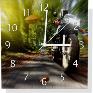 Wallario Design Wanduhr Fahrendes Motorrad im Wald mit Herbstlaub aus Aluverbund, Größe 30 x 30 cm - Schwarz
