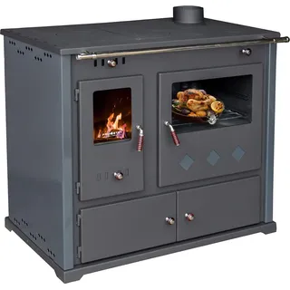 Kaminofen mit Backfach und Herdplatte Pracktik Lux Anthrazit RAL 7016 RECHTS Holzofen 9,5 kW Kamin Ofen Dauerbrandofen Werkstattofen Schwedenofen Hüttenofen Heizofen - Grau, Schwarz