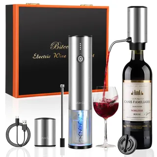 Bsteciar Elektrischer Weinkorkenzieher 4-in-1 Geschenkbox Set mit Automatischer Weindekanter & Weinöffner, Vakuumstopfen, Kapselschneider - USB-C Schnelladung für Weinliebhaber