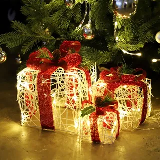 salcar 3er Set LED Geschenkbox Weihnachten mit Schleife, Deko Beleuchtete für Innen mit 8 Beleuchtungsmodi, Warmweiß