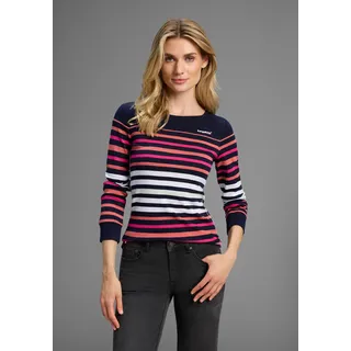 Langarmshirt KANGAROOS, Damen, Gr. 36/38, bunt (marine, pastell, gestreift), Rippware, Obermaterial: 100% Baumwolle, geringelt, kontrastfarbene Details, figurbetont hüftbedeckend, Rundhals, Shirts Langarmshirt, körpernahe Passform, unifarben, sportlicher Look, aus Baumwolle, Topseller