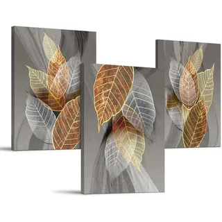 hyidecorart Bilder Schlafzimmer 30x40 cm 3er Set Wanddeko Gold Abstract Blätter, Modern Bilder mit Rahmen für Wohnzimmer Natur Kunstdruck Leinwandbilder für Flur küche Esszimmer Büro Villa Badezimmer
