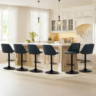 COLAMY Barhocker 6er Set, Höhenverstellbarer Barstool, 360° Drehbarer Barstuhl mit Lehne, Leder Kücheninsel Barstühle mit Fußstütze, Rutschfestes Metallfuß, Geeignet für Küche, Bar, Esszimmer, Schwarz