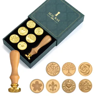 Wachssiegel Set, 7 Stück Wachs Stempel Mit Holzgriff, Kupfer Siegel Kit für Umschlag, Hochzeit, Einladung, Brief, Geschenkverpackung, Dekoration