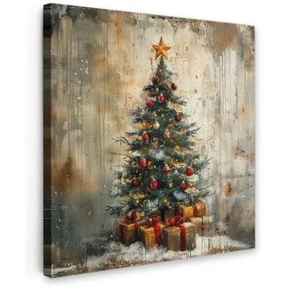 MuchoWow Leinwandbild Weihnachtsbaum - Vintage - Weihnachten - Geschenk Deko Groß 90x90 cm , Rostfarben , Textil , Kiefer , Abstrakt , Quadratisch , 90x90 cm , FSC 100% , gerahmt , Bilder & Rahmen, Bilder, Leinwandbilder