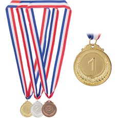 Relaxdays Medaille Kinder 3er Set, Ø 5 cm, 1.2.3. Platz, mit Band, Fußball, Siegermedaille, Metall, gold, silber, bronze