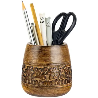 Mie Creations Rustikaler Stifthalter für Schreibtisch aus Holz,Büro Schreibtisch & Schreibtisch Organizer,Holzbecher für Schreibwaren und Kunstbedarf für Kinder,Braun – 10.6 cm