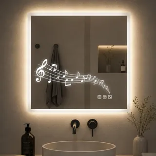 STARLEAD Badspiegel-mit-Beleuchtung 80x80 cm, LED-Spiegel-Bad-mit Bluetooth, Entfoggen, IP44 Badezimmer-Spiegel-mit-Licht 3 Farbtemperaturen, Dimmbar, Speicherfunktion, HD Hartglas