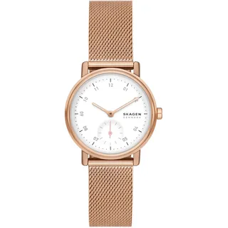 Skagen Kuppel Uhr für Damen, Quarzwerk mit Edelstahl- oder Lederarmband, Roségoldton und Weiß, 32MM