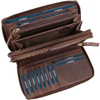 **Leder Geldbörse Damen Groß mit RFID Schutz - Echtleder Portemonnaie XXL, 29 Kartenfächer, Münzfach, Doppelter Reißverschluss, Portmonee für Damen - Braun