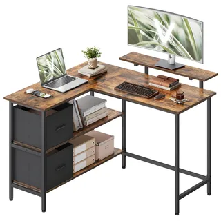 VASAGLE L-förmiger Schreibtisch, 2 geräumige Schubladen, Computertisch mit Monitorständer, Eckschreibtisch, Gaming-Tisch mit Verstellbarer Ablage 115 x 105 cm vintagebraun LWD097B01