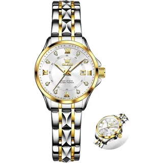 Damen Uhr Edelstahl, Eleagnt Diamant Damenuhr mit Datum, Wasserdicht Armbanduhr Damen Kleines Zifferblatt, Mode Quarzuhr Geschenke für Frauen