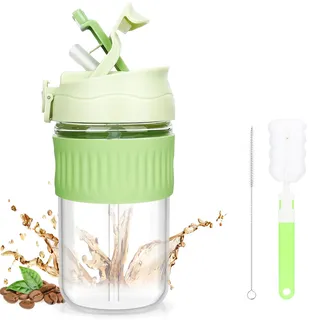 Musiwanna Glasflasche mit Strohhalm und Deckel 550ml, Kaffeebecher to Go mit Strohhalm, Auslaufsicher Trinkbecher Glas mit 2 Reinigungsbürsten, Trinkglas für Eiskaffee, Tee, Smoothie (Grün, 1 Stück)