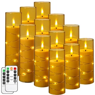 Da by LED-Blinkkerze mit eingearbeiteter Sternenschnur, LED-Stabkerze aus Acryl mit 11-Tasten-Fernbedienung und Timer, elektrische Kerze, Gold, 12er-Set