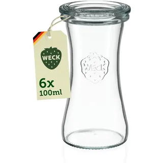 Weck Gläser 95ml – 6er Set mit Deckeln – Delikatessenform – robuste Dessertgläser, Einkoch- & Einmachgläser – klein – Weckglas ideal für Nachtisch – Made in Germany