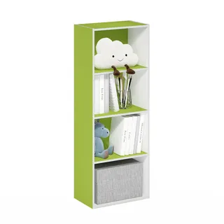 Furinno LUDER 4-stöckiges Bücherregal mit offenem Fach, Grün/Weiß | 23,6 x 39,6 x 105,9 cm, Bücherregal, für Wohn- und Schlafzimmer, Homeoffice
