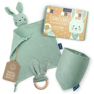 Amari ® Schmusetuch (Türkis Hase) mit Beißring und Lätzchen, Geburt für Junge und Mädchen - Baby Geschenk Neugeborene - Schnuffeltuch Babygeschenke Set zur Babyparty