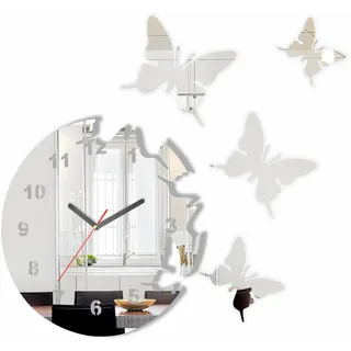 FLEXISTYLE z4c_0 Große Moderne Wanduhr Schmetterling Spiegel rund 30cm, 3D DIY, Wohnzimmer, Schlafzimmer, Kinderzimmer