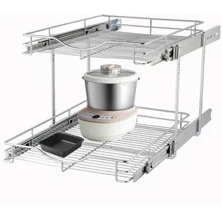 DINDON Ausziehbarer Schrank-Organizer mit 2 Etagen (43,2 cm B x 45,7 cm T), Robustes Metall-Schieberegal, Zwei Etagen, ausziehbare Regale für Küchenschränke, Speisekammer, Badezimmer, Chrom-Finish
