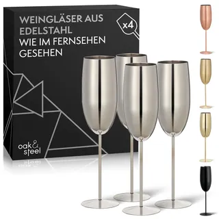 Oak & Steel - 4 Edelstahl Sektgläser (285ml), Champagner & Prosecco Gläser - Silber - Robust & Unzerbrechlich - Geschenkset für Geburtstage & Weihnachten