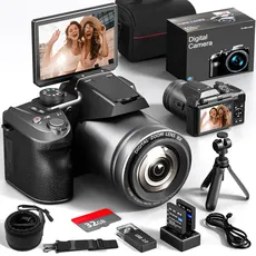 NBD Digitalkamera 4K, 48MP 16X Digital Zoom Fotokamera, 180° Flip Screen Kompaktkamera mit Autofokus, Blitz, Fotoapparat mit Ladestation, 2 Batterien, 32GB Karte für Anfänger, Kinder, Vloggen
