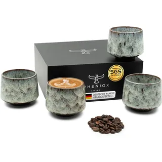 Pheniox | Cappuccino Tassen Set Tibet Light Green | 4-teilig | 180 ml | hochwertige Tassen aus Steingut | ohne Henkel | spülmaschinenfest | Kaffee | Espresso | Mokka | Geschenk Mann Frau