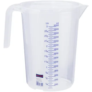 Hünersdorff Messbecher 3L mit Deckel, bruchsicher und lebensmittelbeständigem Polypropylen (PP), offener Griff, 2 Skalen, transparent