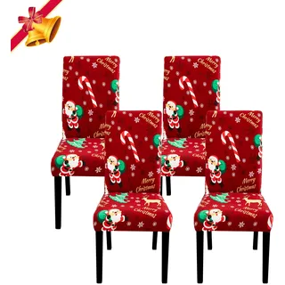 Jaotto Stuhlhussen Universal, Stuhlhusse Stretch Moderne, Schwingstühle Elastische Langlebig für Feiertagsdekoration Weihnachten (Rotwein/Weihnachtsmann, 4er Set)
